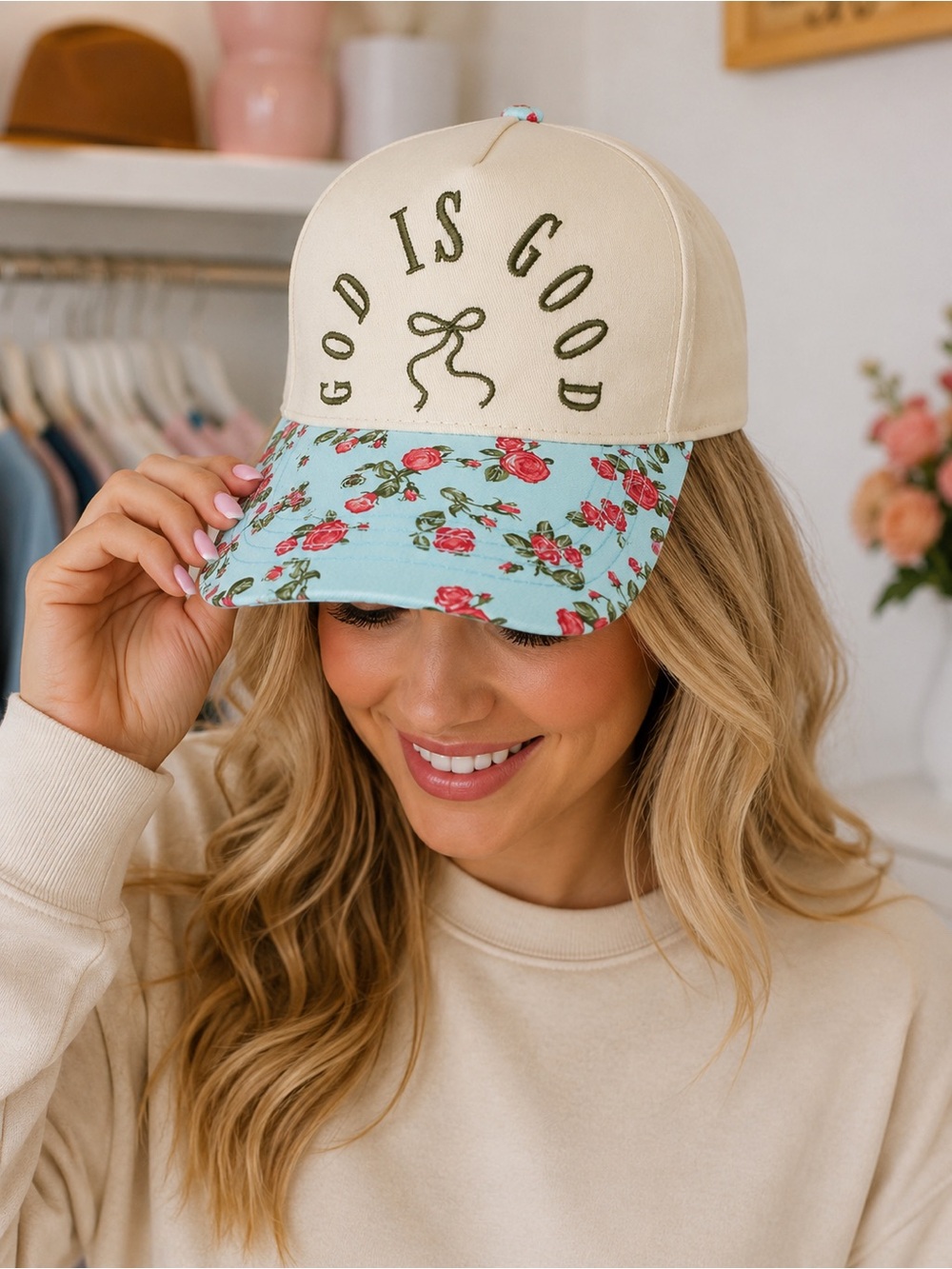 God Is Good 💐 Floral Baseball Cap - Cream & Light Blue
